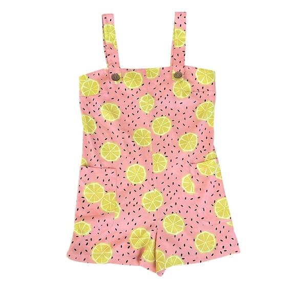 Anthropologie Hutch Women’s Lemon Fruit Pink Overalls Shortalls Romper Jumpsuit - Picture 12 of 13